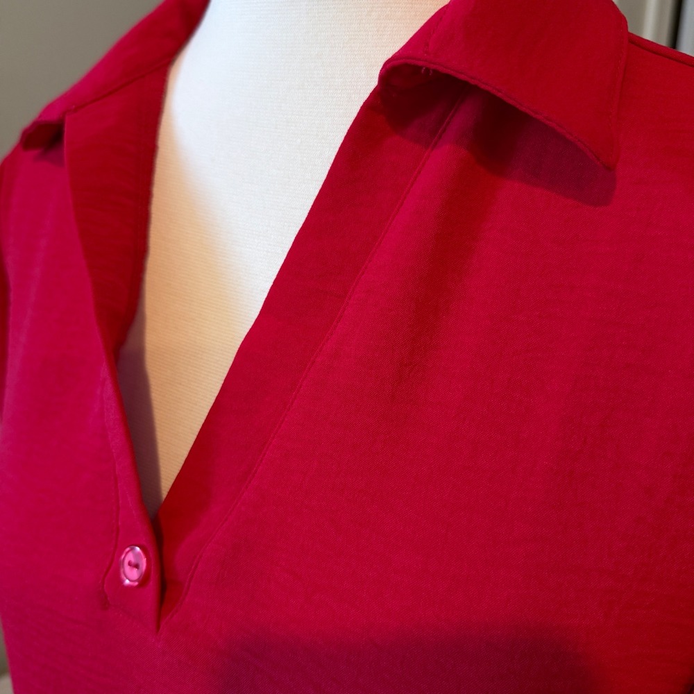 Red Jolie & Joy Blouse, Collared V Neck, Long Bishop Sleeves, Women's Size S - Picture 5 of 10